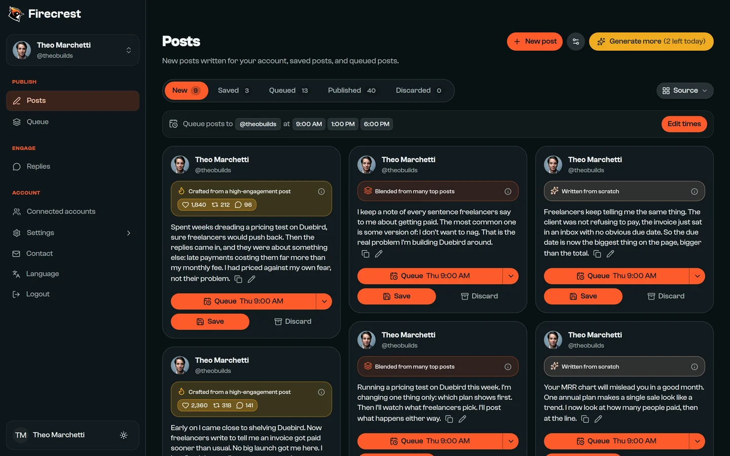 New drafts for Theo Marchetti's account. The first was crafted from a post with 1,840 likes, 212 reposts and 96 replies.
