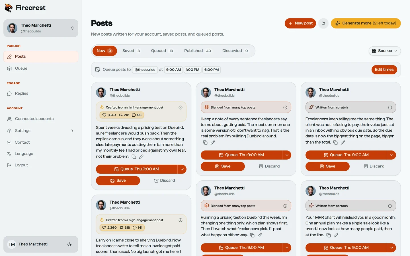 New drafts for Theo Marchetti's account. The first was crafted from a post with 1,840 likes, 212 reposts and 96 replies.