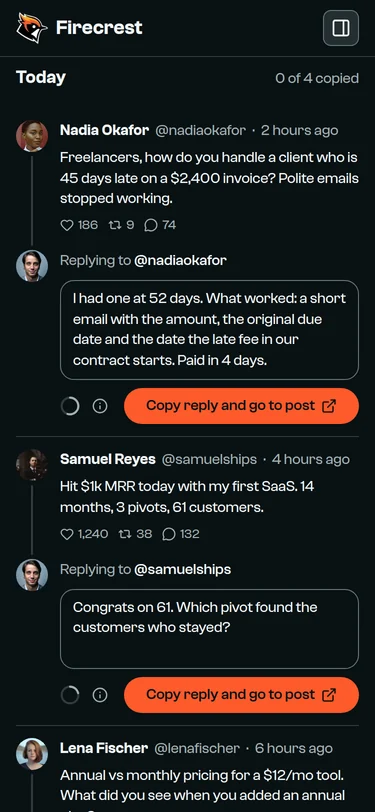 A post from @nadiaokafor about a client 45 days late on a $2,400 invoice, with a reply drafted underneath and ready to copy.