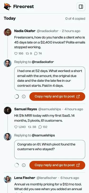 A post from @nadiaokafor about a client 45 days late on a $2,400 invoice, with a reply drafted underneath and ready to copy.