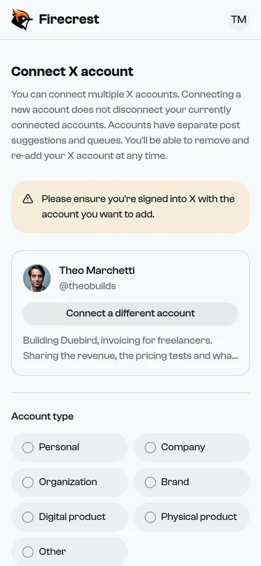 The connected X account @theobuilds, with its avatar, name and bio.