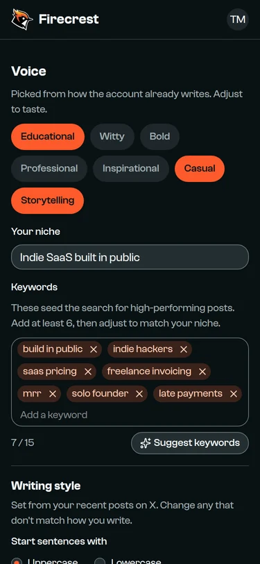 The setup form filled in from the account: Casual and Storytelling voice, the niche "Indie SaaS built in public" and seven keywords such as saas pricing and late payments.