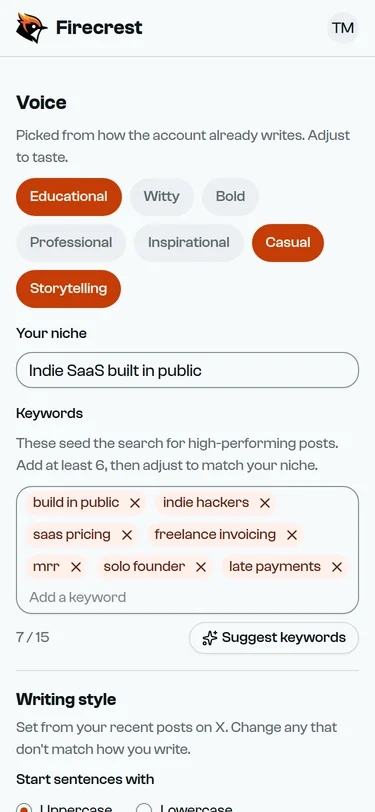 The setup form filled in from the account: Casual and Storytelling voice, the niche "Indie SaaS built in public" and seven keywords such as saas pricing and late payments.